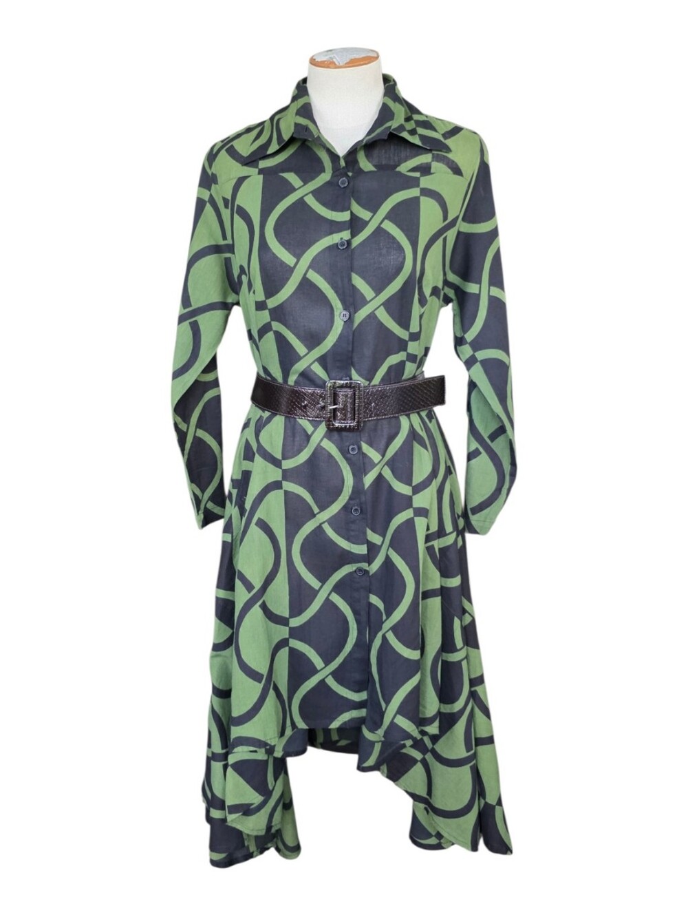 Step in Style Lagenlook Geometric High-Low Shirt Dress 100% Cotton Womens Medium